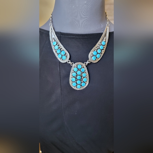 NEW CHARLES JOHNSON NATIVE AMERICAN NAVAJO STERLING SILVER TURQUOISE BIB NECKLAC - Picture 3 of 14